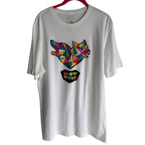 MEOW WOLF Colorful Geometric Wolf Artsy Mens White Wearable Art T-Shirt, L